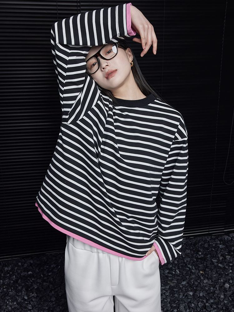 Black and white striped loose long sleeve T-shirt_BDHL5721