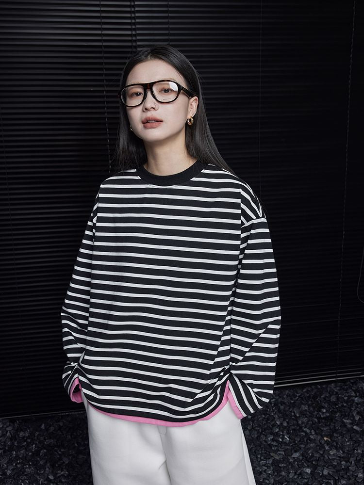 Black and white striped loose long sleeve T-shirt_BDHL5721