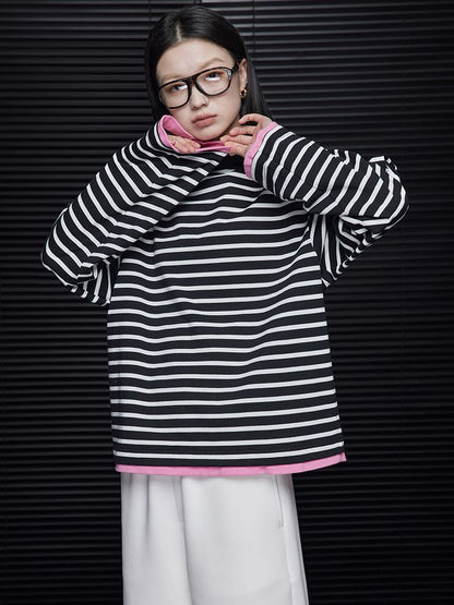 Black and white striped loose long sleeve T-shirt_BDHL5721