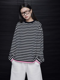 Black and white striped loose long sleeve T-shirt_BDHL5721