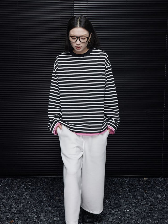 Black and white striped loose long sleeve T-shirt_BDHL5721