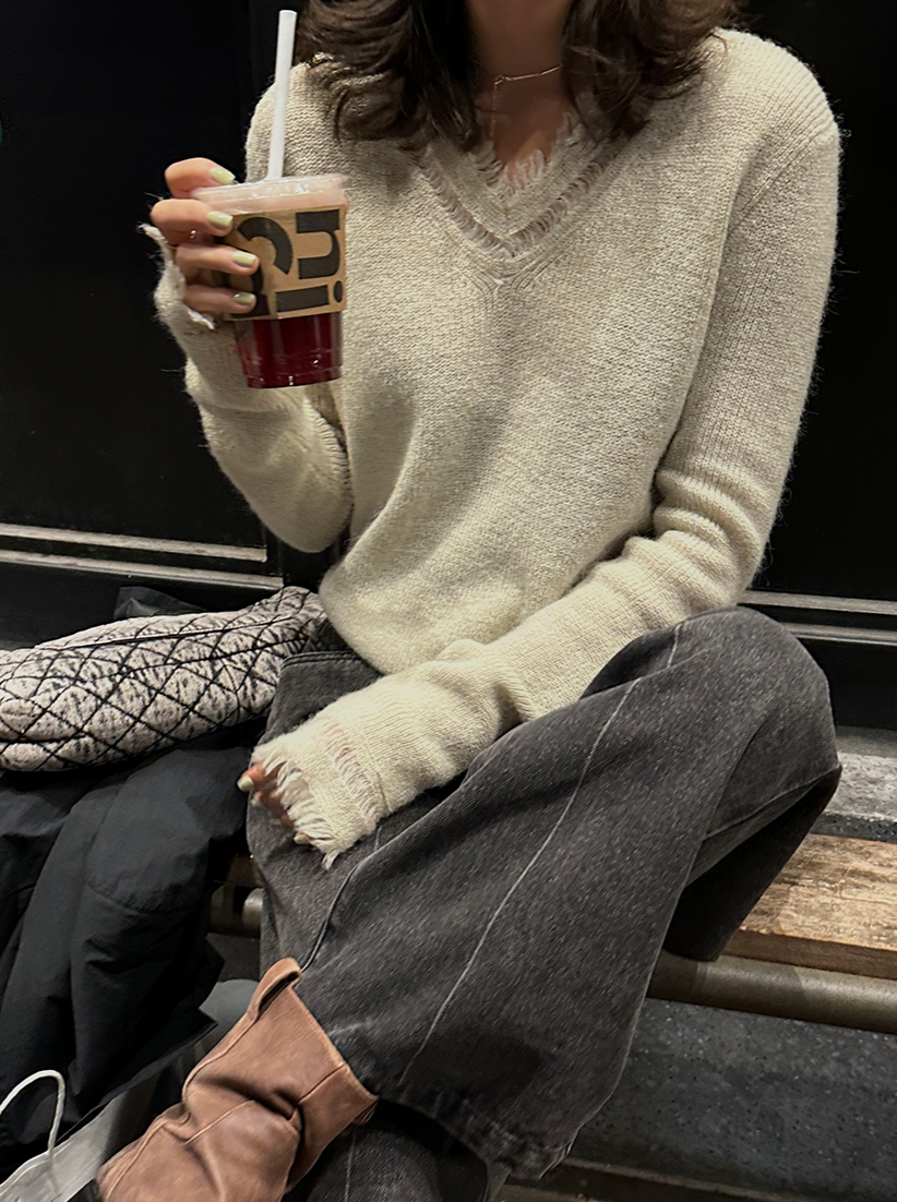 V-neck wool feather sweater_BDHL5724