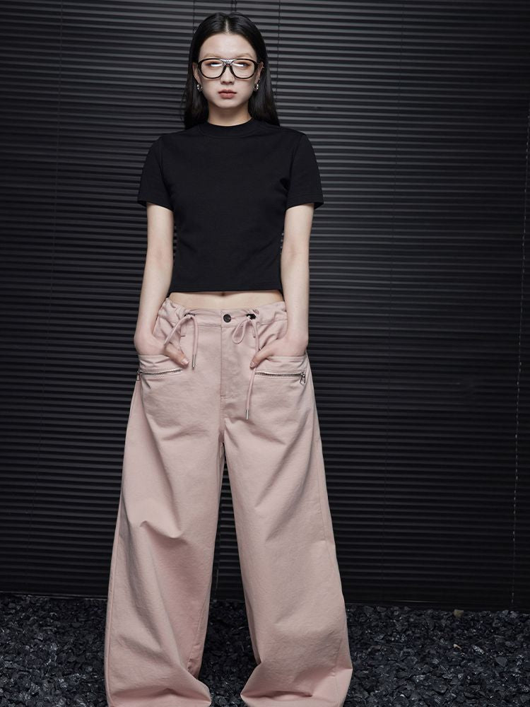 Pink cotton wide leg pants_BDHL5738