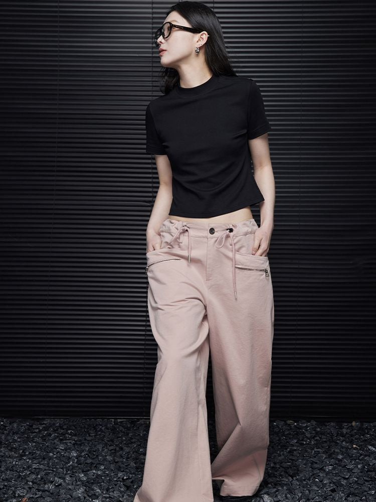 Pink cotton wide leg pants_BDHL5738