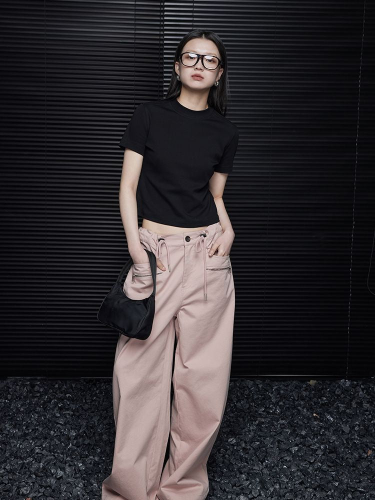 Pink cotton wide leg pants_BDHL5738