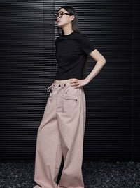 Pink cotton wide leg pants_BDHL5738