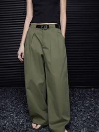 Green cotton wide leg double pleated pants_BDHL5749