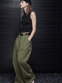 Green cotton wide leg double pleated pants_BDHL5749