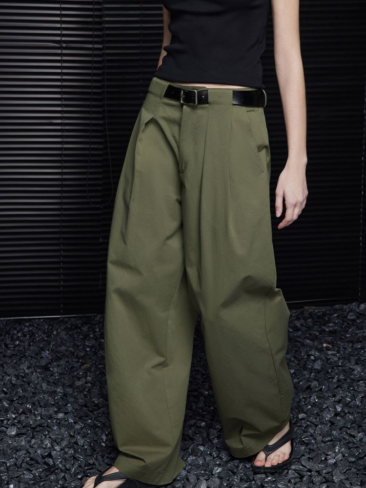 Green cotton wide leg double pleated pants_BDHL5749