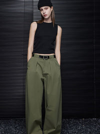 Green cotton wide leg double pleated pants_BDHL5749