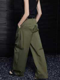 Green cotton wide leg double pleated pants_BDHL5749