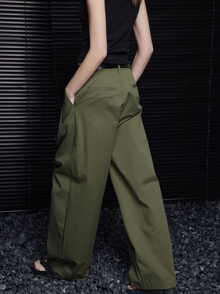 Green cotton wide leg double pleated pants_BDHL5749