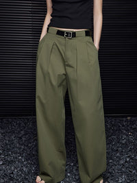 Green cotton wide leg double pleated pants_BDHL5749