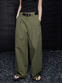 Green cotton wide leg double pleated pants_BDHL5749