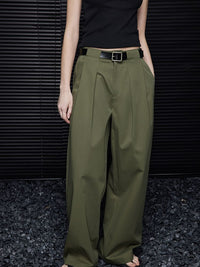 Green cotton wide leg double pleated pants_BDHL5749