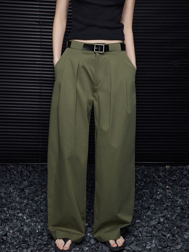 Green cotton wide leg double pleated pants_BDHL5749
