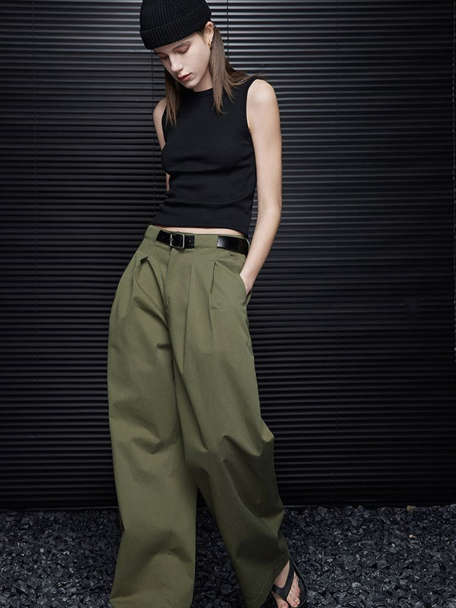 Green cotton wide leg double pleated pants_BDHL5749