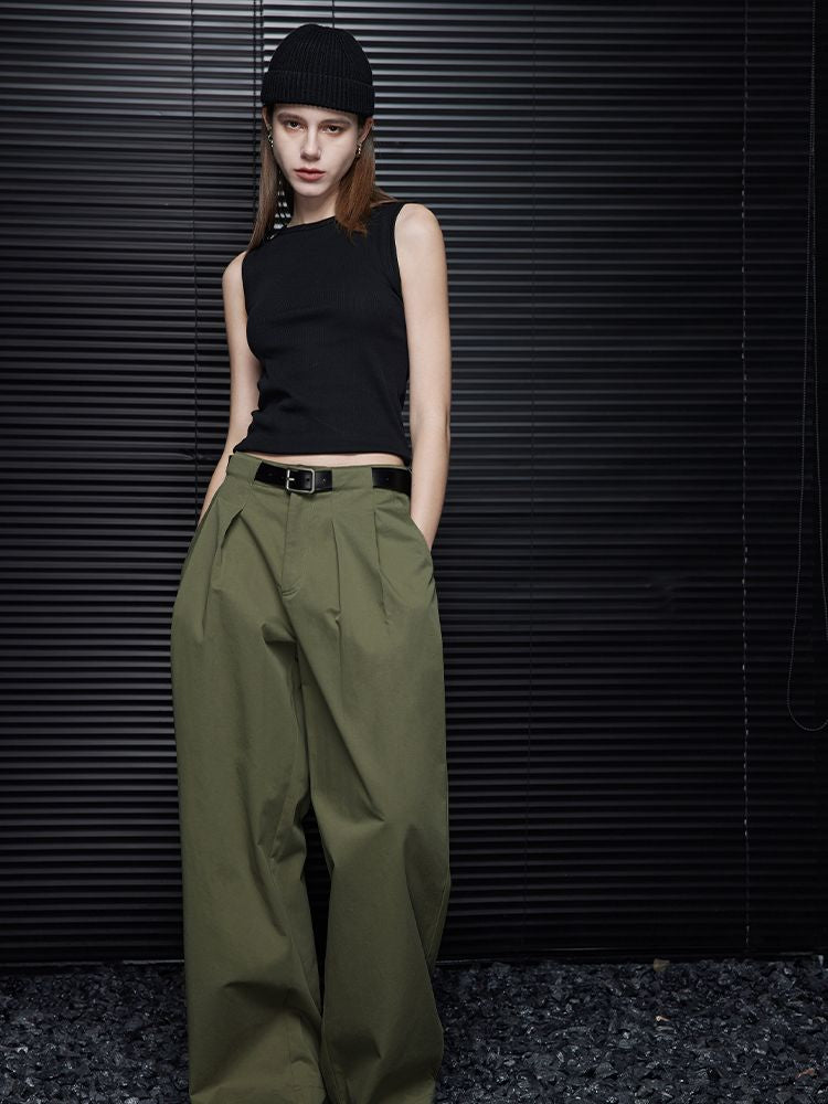 Green cotton wide leg double pleated pants_BDHL5749