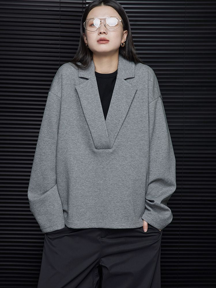 Gray V-neck pullover sweatshirt_BDHL5751