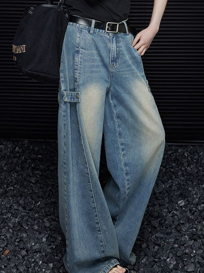 Denim blue buckle design wide leg jeans_BDHL5752