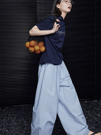 Sky blue waist gather wide leg pants_BDHL5753