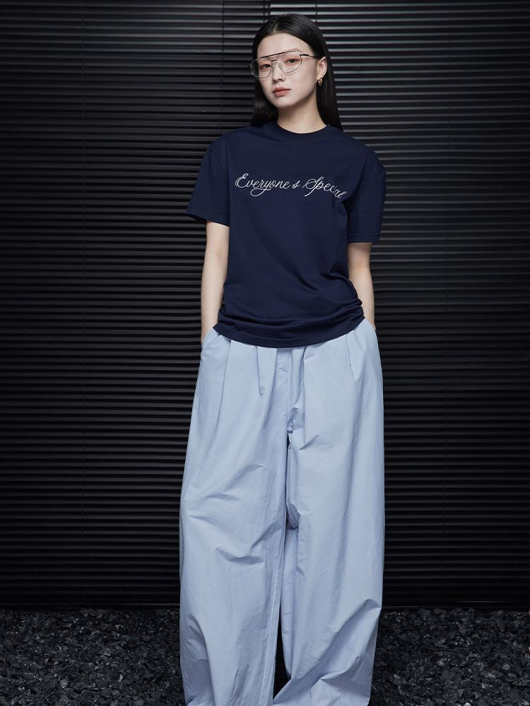 Sky blue waist gather wide leg pants_BDHL5753