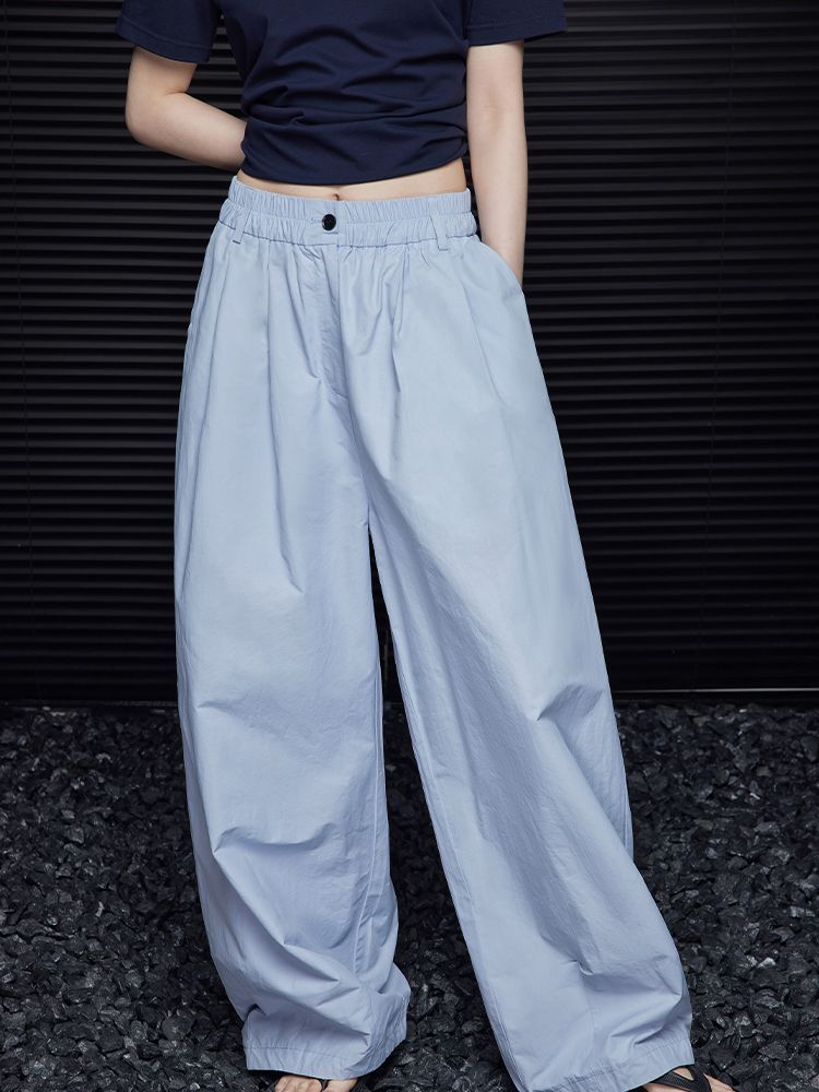 Sky blue waist gather wide leg pants_BDHL5753