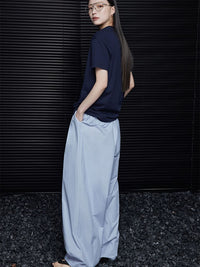 Sky blue waist gather wide leg pants_BDHL5753