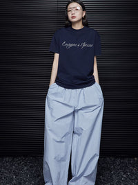 Sky blue waist gather wide leg pants_BDHL5753