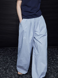 Sky blue waist gather wide leg pants_BDHL5753