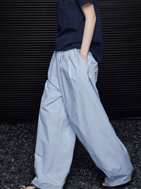 Sky blue waist gather wide leg pants_BDHL5753