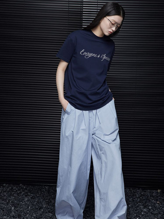 Sky blue waist gather wide leg pants_BDHL5753