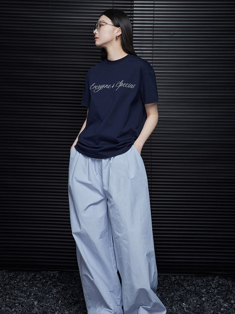 Sky blue waist gather wide leg pants_BDHL5753