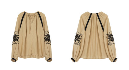 V-neck lantern sleeve embroidered shirt_BDHL5757
