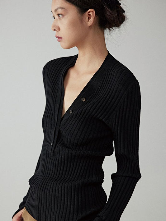 V-neck pit striped slim wool sweater_BDHL5760
