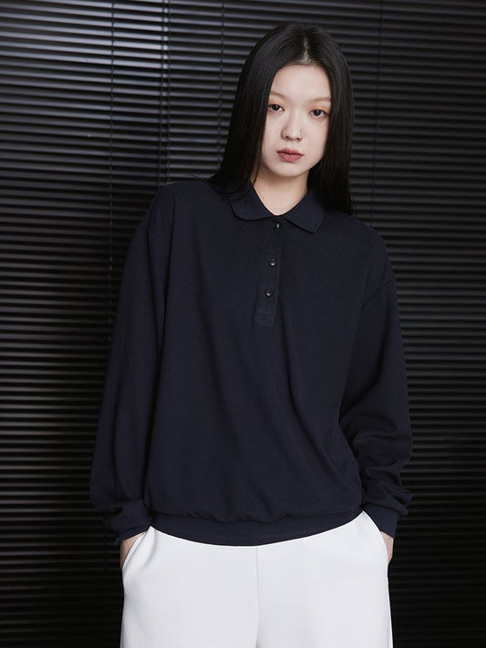 Small square neck pullover navy blue polo shirt_BDHL5778