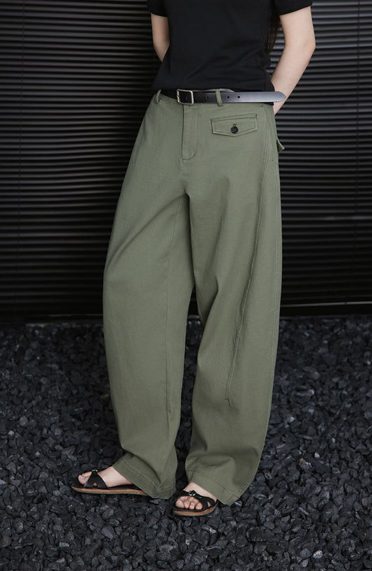 Asymmetric single pocket design khaki pants_BDHL5786