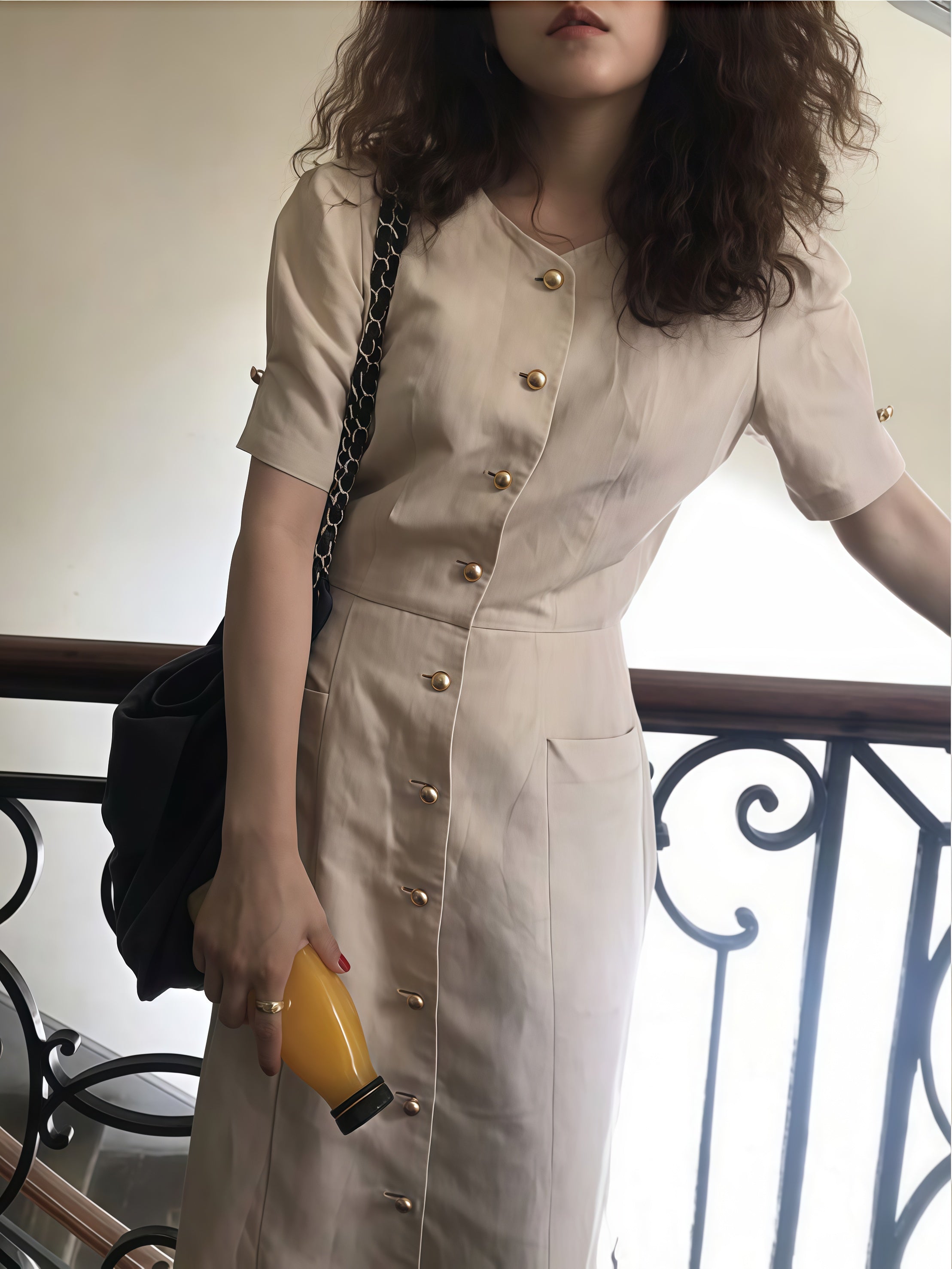 Front Button Short-Sleeved Dress_BDHL7571