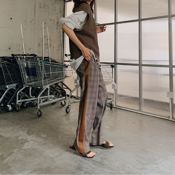 在庫限り早い者勝ち【即納】Leather-Trimmed Check High-Waist Pants_LCHK226