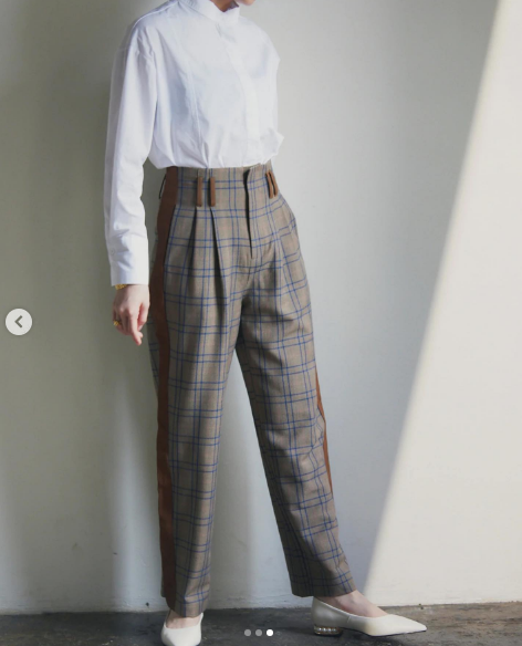 在庫限り早い者勝ち【即納】Leather-Trimmed Check High-Waist Pants_LCHK226