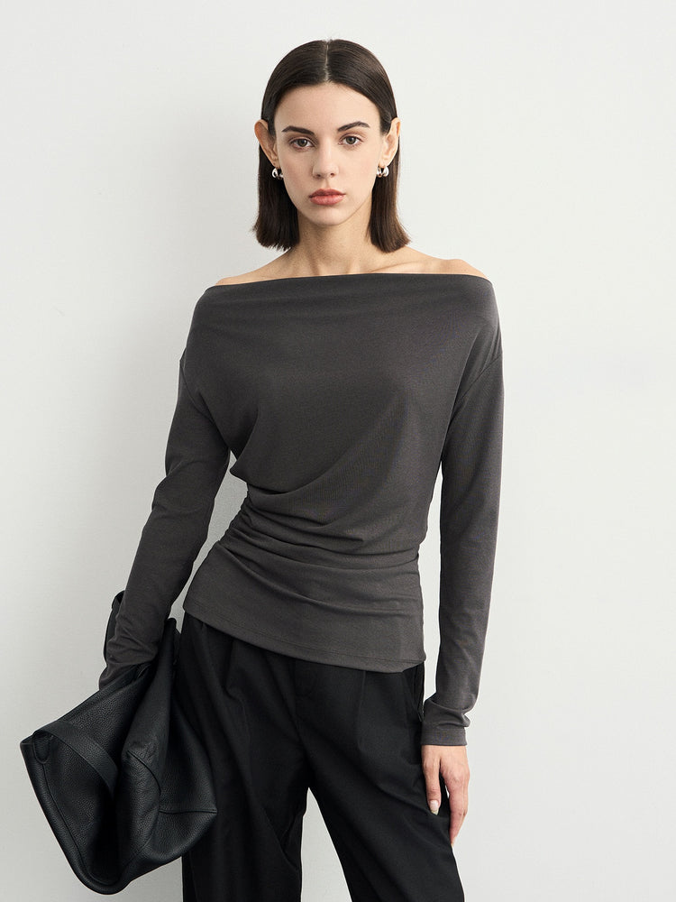 Gray One-Shoulder Pleated Tops_BDHL6539