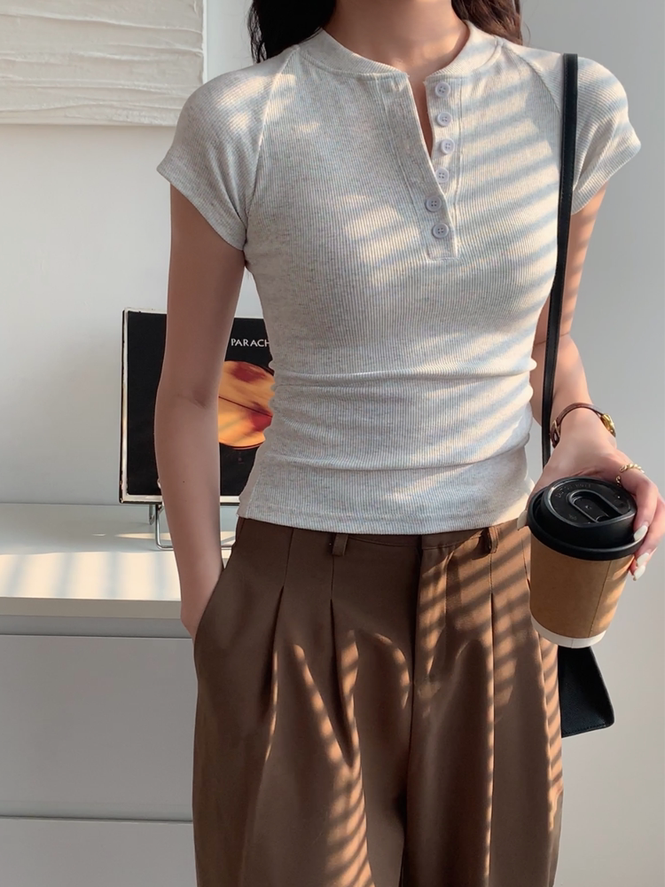 Ribbed Half-Placket Slim Tee_BDHL8364