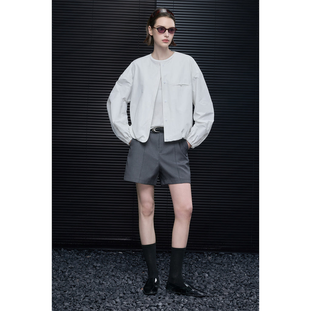 Cotton Round Neck Puff Sleeve Loose Shirt Jacket_BDHL8219