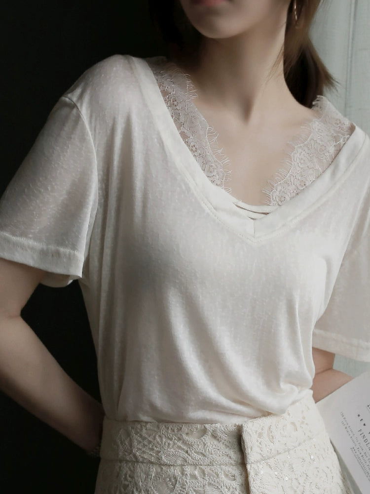 Cloud Cotton Lace Panel V-Neck Sheer T-Shirt_BDHL7303