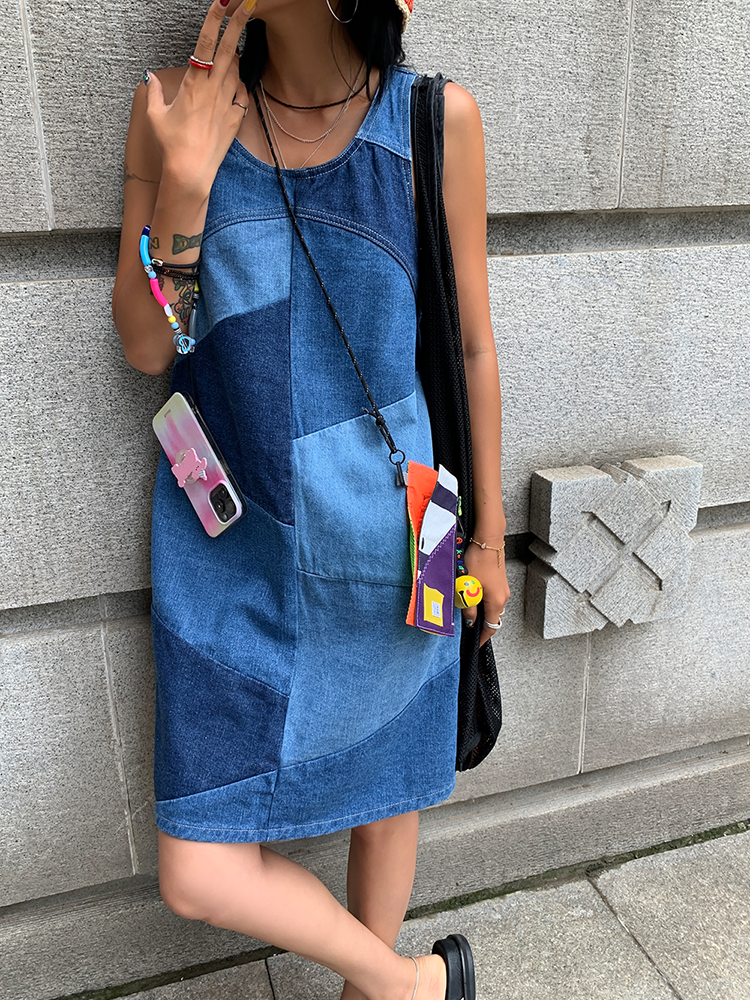 Colorblock Denim Sleeveless Dresses_BDHL6130