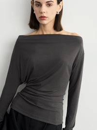 Gray One-Shoulder Pleated Tops_BDHL6539