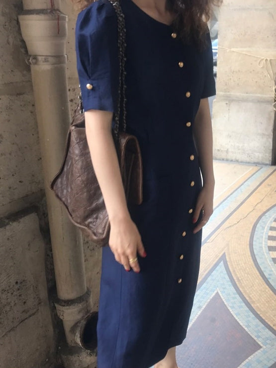 Front Button Short-Sleeved Dress_BDHL7571