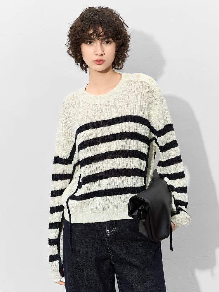 Button-Shoulder Striped Knit Tops_BDHL7012