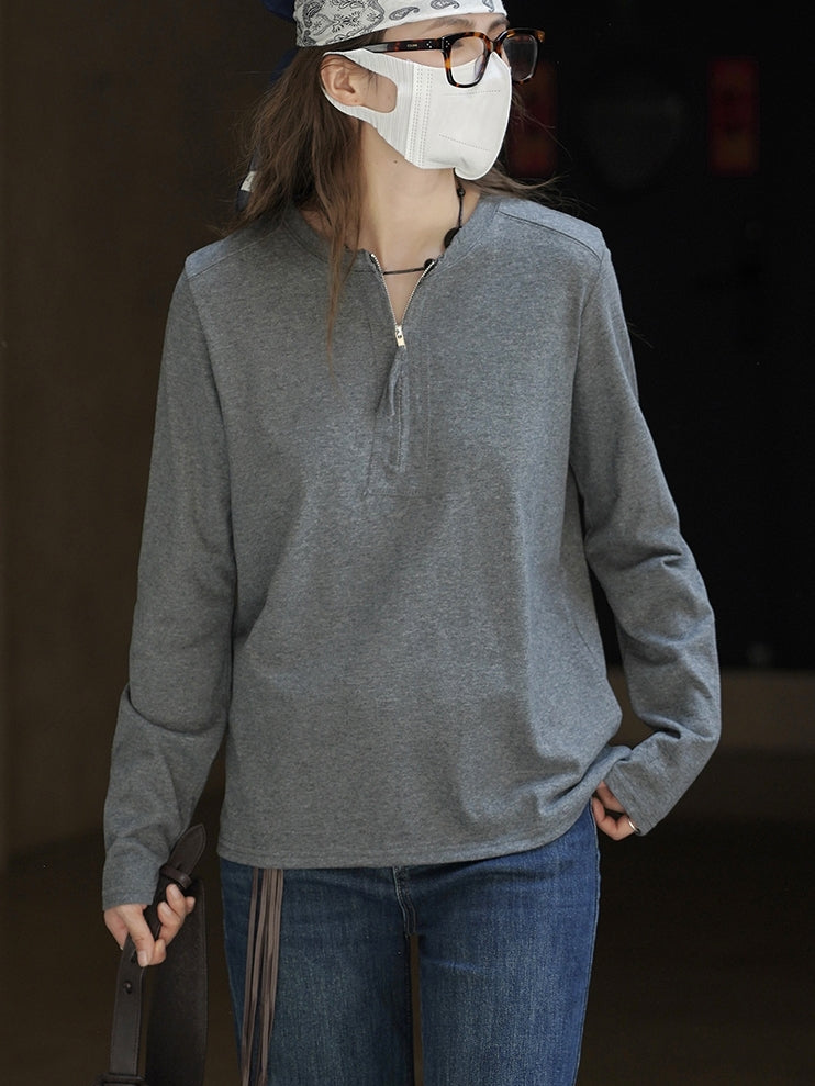 Simple Half-Zip Long-Sleeved Tops_BDHL7776