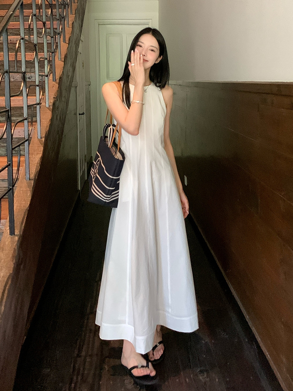 Tucks Long White Dress_BDHL7551
